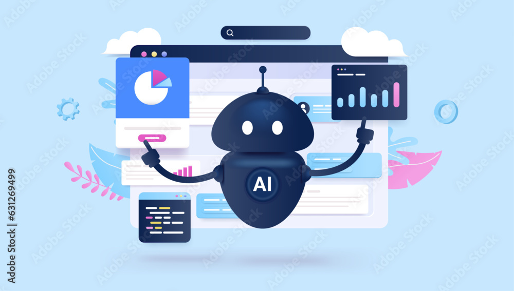 Poster ai worker - artificial intelligence robot character working with financial software with charts and 