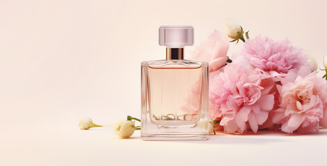 Empty perfume bottle mockup on light background with different flowers for cosmetic branding. - obrazy, fototapety, plakaty