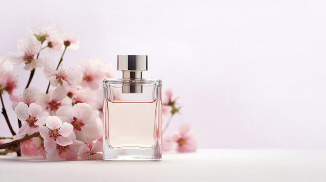 Empty perfume bottle mockup on light background with different flowers for cosmetic branding.