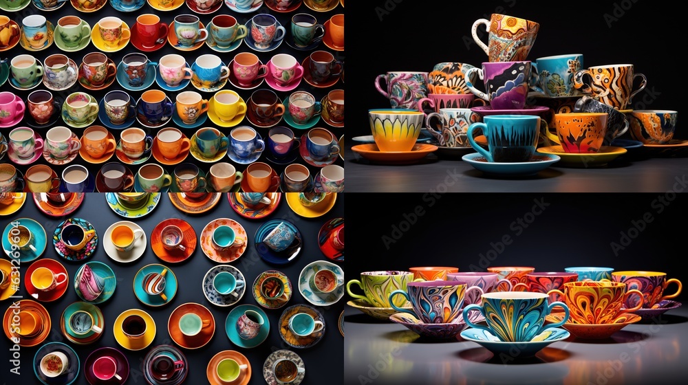 Poster a collection of colorful cups and saucers on a table. generative ai