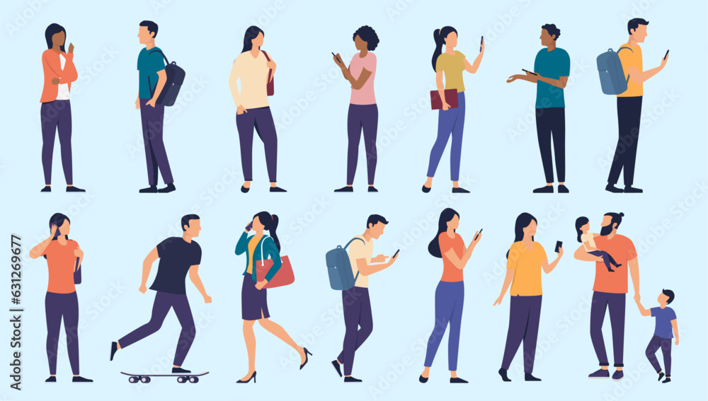 Poster regular people vector collection - set of diverse casual characters standing doing various everyday 