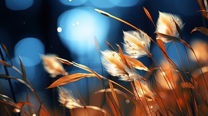  a close up of a bunch of grass with blurry lights in the background.  generative ai