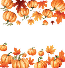 White and yellow pumpkins, orange leaves on white background. Autumn festival invitation. Border from autumn leaves and pumpkins. Postcard or banner. 3d realistic vector illustration.