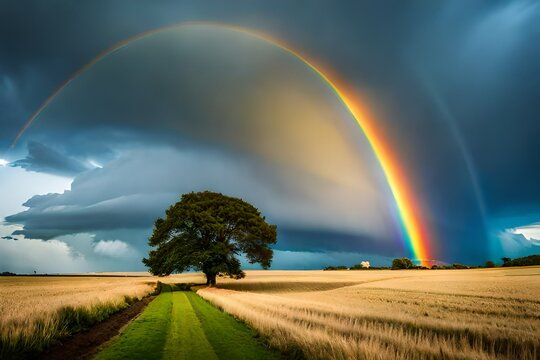 rainbow over field generating by AI technology