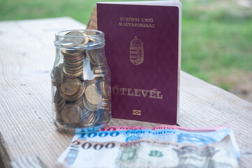Closeup Hungarian passport and forints.