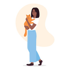 Cute girl holding a red cat in her arms