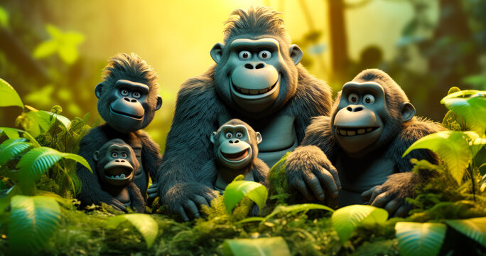 Playful Gorilla Family in Claymation Style