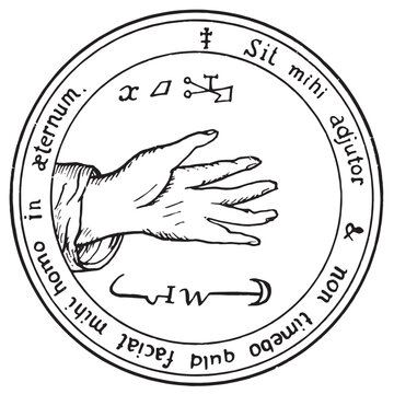 Talisman for changing the weather, attracting rain, hail, storms. In latin: Let me be a helper: i will not fear what man shall do to me for ever. Drawing from Practical Magic by Papus. Moscow. 