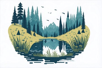 Fairy tale lake in the forest. AI generated illustration