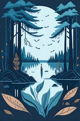 Fairy tale lake in the forest. AI generated illustration