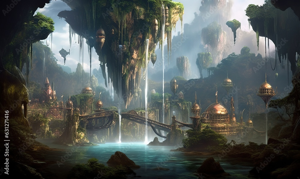 Poster a painting of a waterfall and a bridge in a forest. generative ai