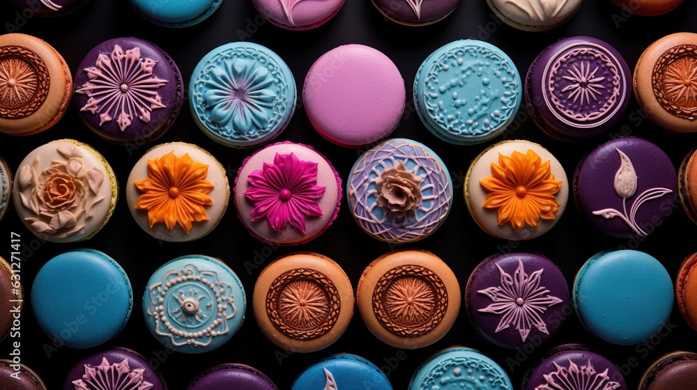 Poster a close up of many different colored cupcakes on a table. generative ai