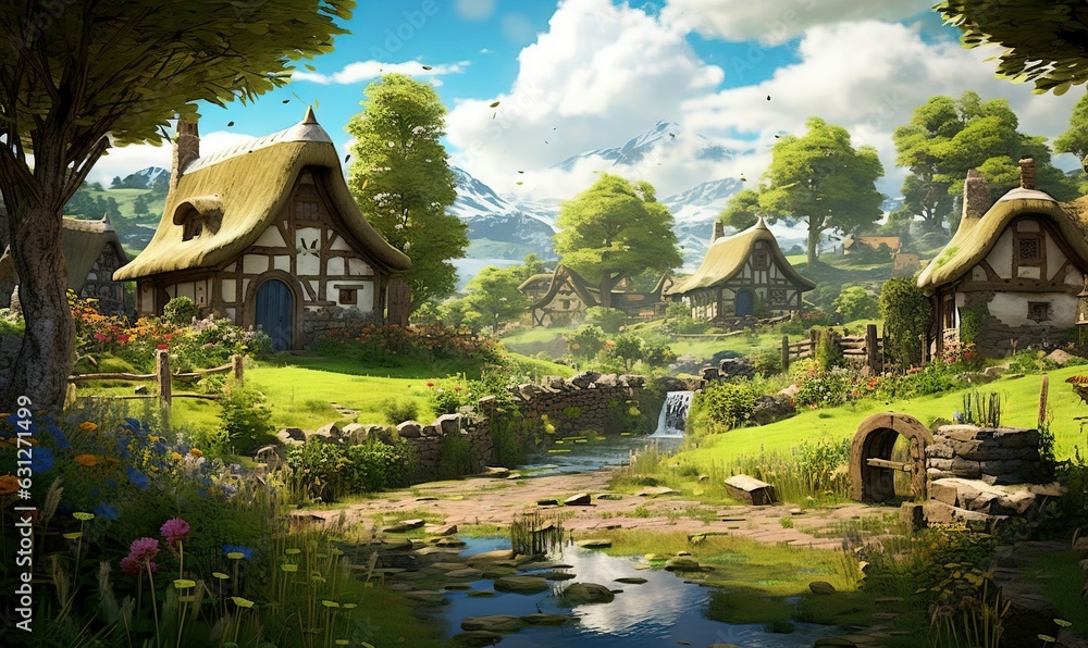 Poster a painting of a village with a stream running through it. generative ai