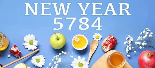 Greeting card for Rosh Hashanah celebration (Jewish New Year) with honey and fruits