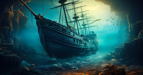 Lost at Sea: Shipwreck Resting on the Ocean Floor