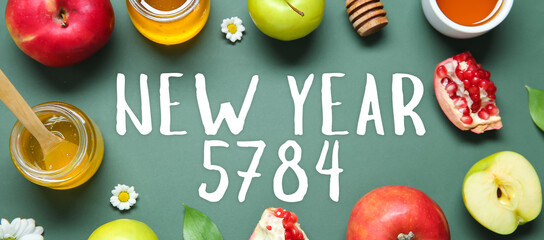 Greeting card for Rosh Hashanah celebration (Jewish New Year) with honey and fruits