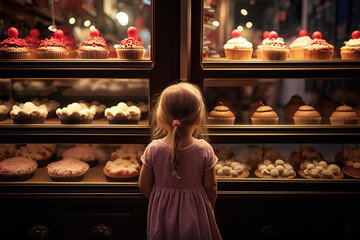  A young child enchanted by colorful cupcakes at a local bakery, capturing the simple joy and...