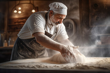 A diligent baker sprinkling flour on dough in a bakery, underscoring the process and precision of handcrafted bread making - obrazy, fototapety, plakaty