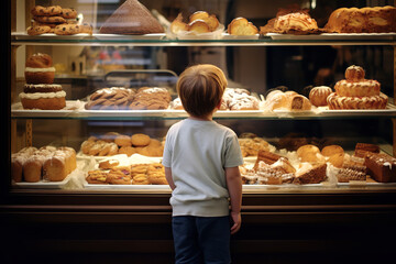  A child peering into a bakery's display case, highlighting the wonder and excitement in choosing from a variety of delightful pastries