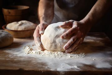 Close-up of a professional baker's hands meticulously preparing artisanal sourdough bread, showcasing the artistry behind traditional baking