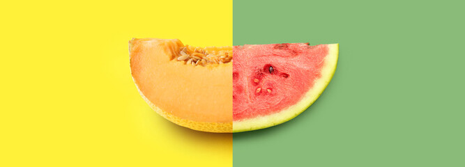 Collage of juicy watermelon and melon on color background