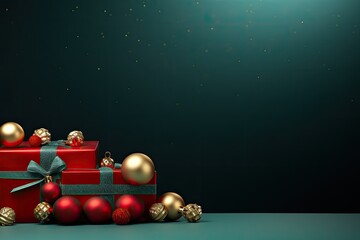 Merry Christmas banner with blank space for text, green background, giftboxes, fir tree branches, red and green ornaments