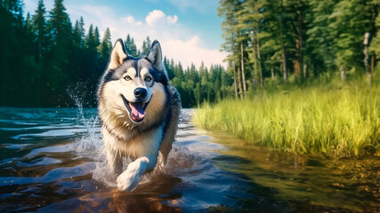 A happy dog of the Siberian Husky breed runs, splashing, on the water of a forest lake on a sunny summer day.