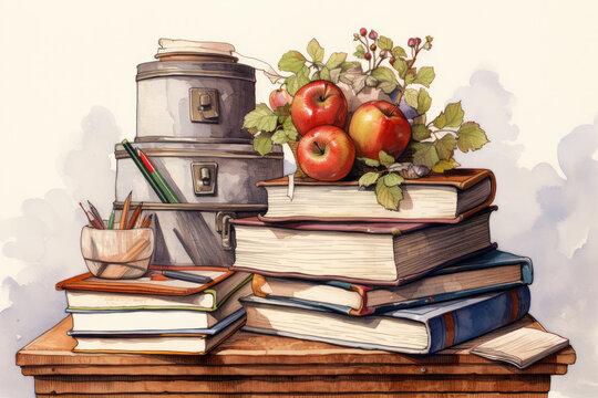 Assorted fresh fruits and vegetables placed on wooden table near retro clock and bottle of wine and books. Back to school concept. Generative AI