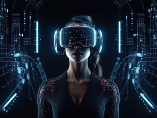 woman dark - skinned wearing VR glasses virtual global world internet connection and a new experience in the future metaverse. Metaverse technology concept: innovation of the futuristic.