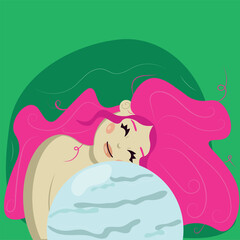 Cartoon cute girl pink hair holds planet Uranus , showing care and love light green background.  Earth day concept. Save the planet, the environment.