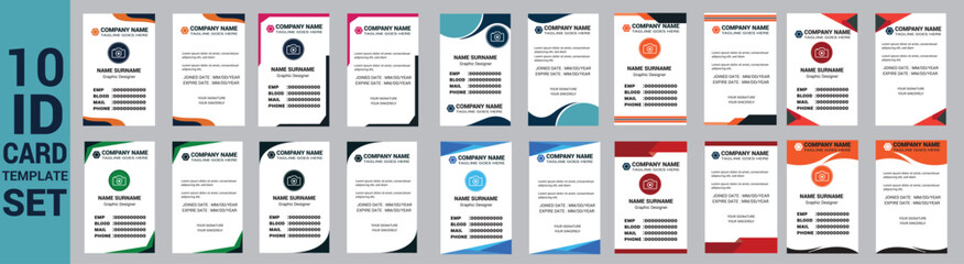 Naklejka na ściany i meble set of 10 Mega collection corporate business id card design template. business id card. id card bundle. Company employee id card set template.