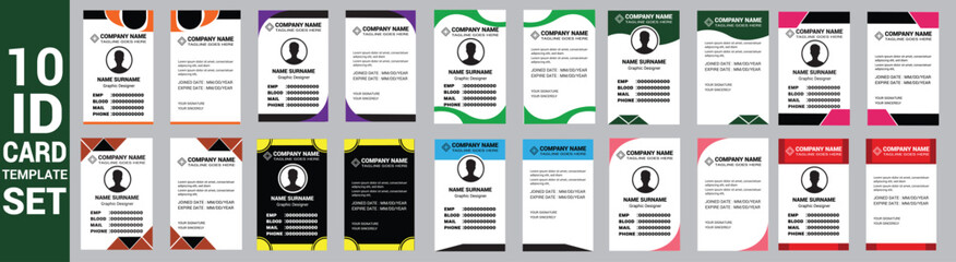 set of 10 Mega collection corporate business id card design template. business id card. id card bundle. Company employee id card set template.