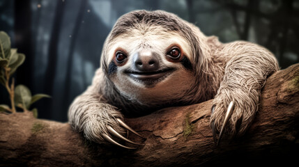 Fototapeta premium He creates a photorealistic image of a sloth using generative AI.