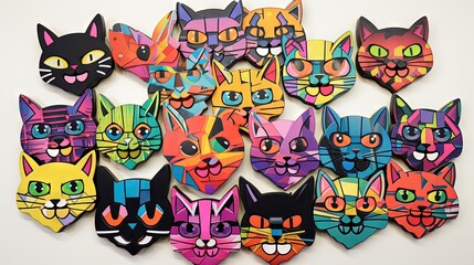  a bunch of colorful cats are on a white wall with a white background.  generative ai