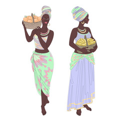 Collection. Silhouettes of a girl in a headscarf. The lady is holding a basket of oranges and bananas. Woman in modern one line style. Solid line, outline, logo. Vector illustration, set.