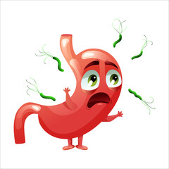 Cartoon character stomach with emotion fear. Concept sick internal organ abdominal cavity, helicobacter pylori. Vector illustration.