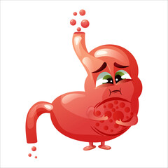 Cartoon stomach character. Concept diseased internal organ abdominal cavity, bloating and constipation. Vector illustration