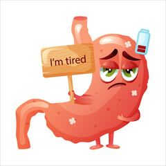 Cartoon sad stomach character with wooden sign in hands. Concept sick internal organ abdominal cavity. Vector illustration.