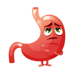 Cartoon stomach character with emotion sadness and pain. Concept diseased internal organ suffering from pain. Vector illustration.