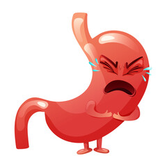Cartoon сrying stomach character. Concept diseased internal organ suffering from pain. Vector illustration.