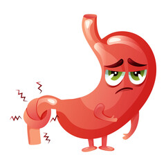 Cartoon stomach character with emotion sadness and pain. Concept diseased internal organ, obstruction, bloating and constipation. Vector illustration.