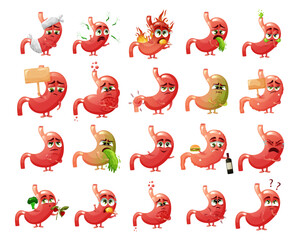 Obraz premium Cute cartoon stomach character with different emotions. Smiling, sad, vomiting, nausea, gerd, helicobacter, nausea. Internal organ of the abdominal cavity. Vector illustration.