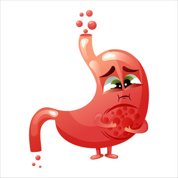 Cartoon stomach character. Concept diseased internal organ, bloating and constipation. Vector illustration
