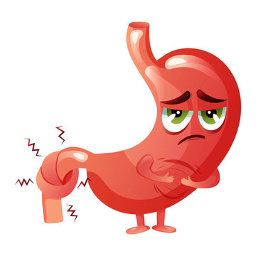 Cartoon stomach character with emotion sadness and pain. Concept diseased internal organ abdominal cavity, obstruction, bloating and constipation. Vector illustration.