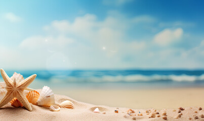 Fototapeta na wymiar Shells and stars on sand beach, Seascape with blue sky ocean, background for product presentation, Generative AI