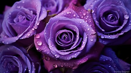 Purple Roses flowers with water drops background. Closeup of blossom with glistening droplets....