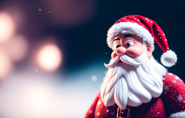 Santa Claus toy on snow with bokeh lights background. Christmas and New Year concept Generative AI.