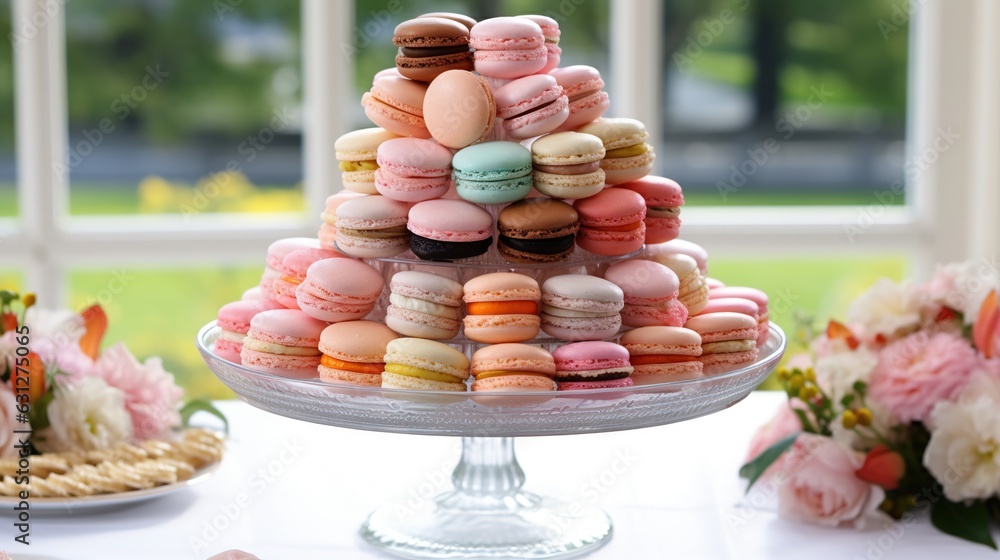Poster a tower of macaroons on a table with flowers. generative ai