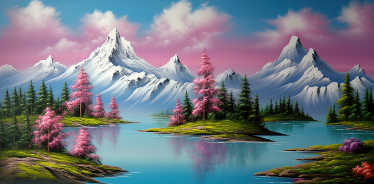 A scenic panorama painting with fuchsia and aqua teal background