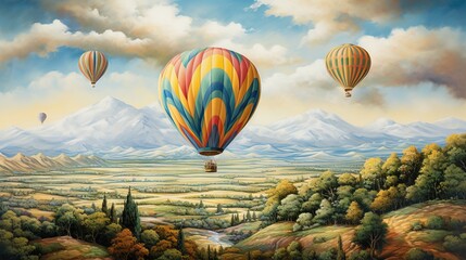 Fototapeta premium a painting of three hot air balloons flying over a valley. generative ai